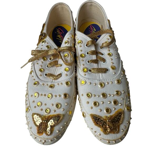 Vintage 80s Glitzies Bedazzled Butterfly Sparkly Gold Sequined Shoes Sneakers 8 - Picture 6 of 11